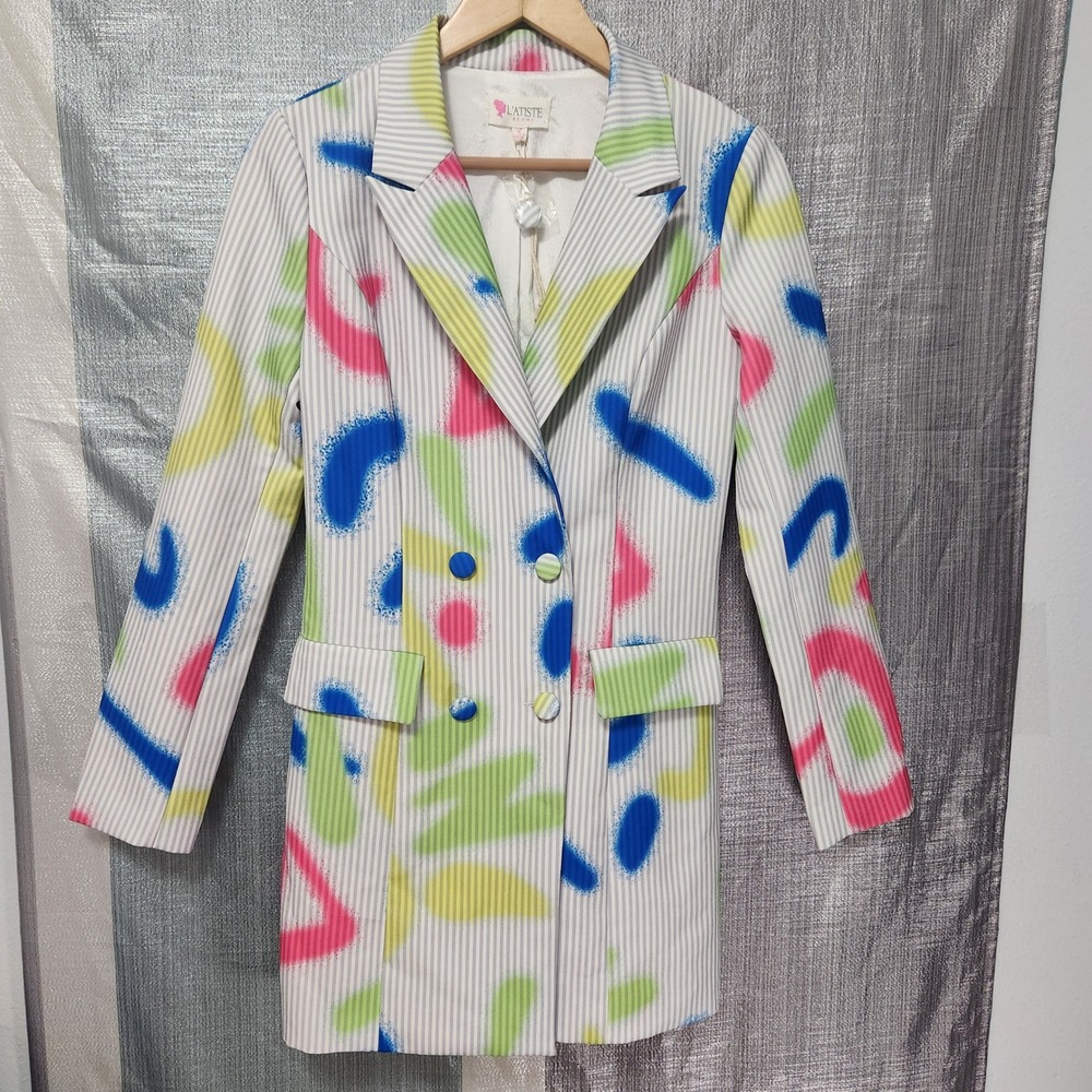 L'Atiste by Amy Womens Graffiti Longline Blazer Dress Pinstripe S Pop Art Quirky